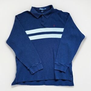 Polo Ralph Lauren Polo Shirt Mens 2XL Navy Striped Waffle Long Sleeve Red Pony